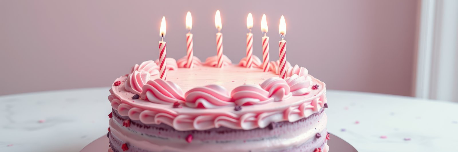 Celebration cake adorned with pink frosting and candles lit for a special occasion in a cozy room